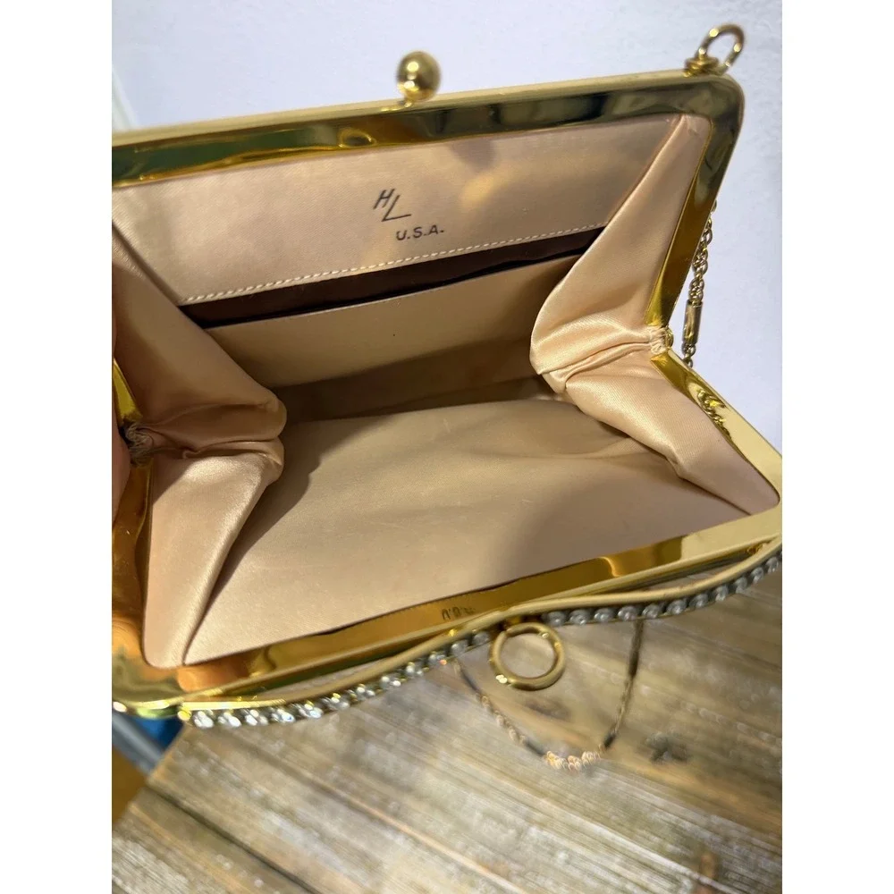Vintage HL USA Gold Metallic Evening Bag Rhinestone Frame Kiss Lock Clutch Chain - Picture 8 of 8